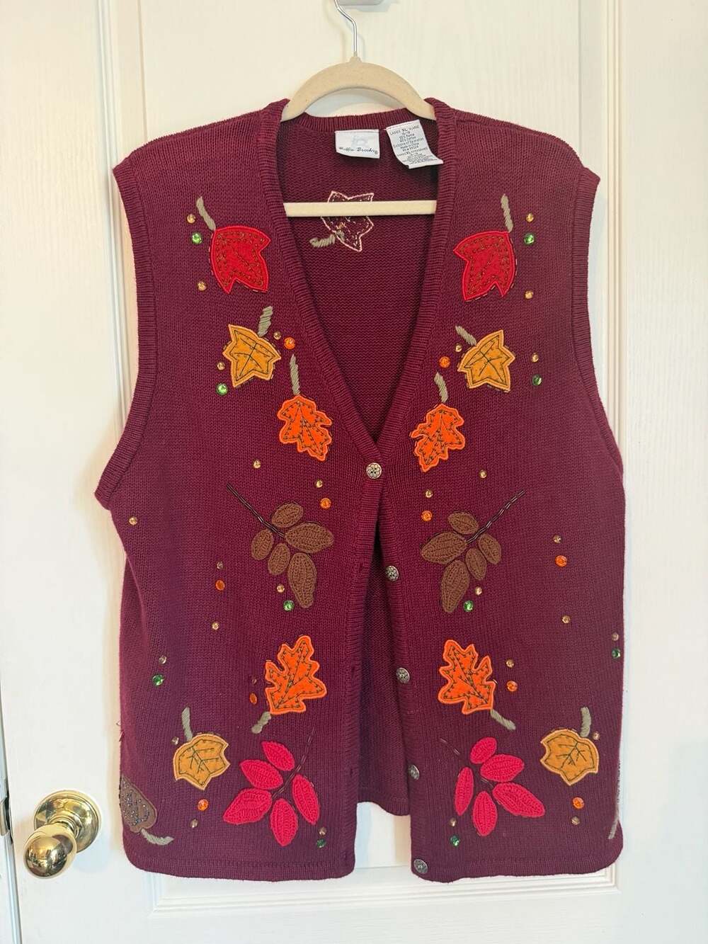 Bobbie Brooks Vintage Fall Autumn Leaf Beaded Embroidered Button Up Knit Vest XL